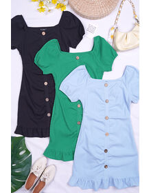 Fine Square Neckline Button Down Casual Fishtail Grid Textured Dress (Green)